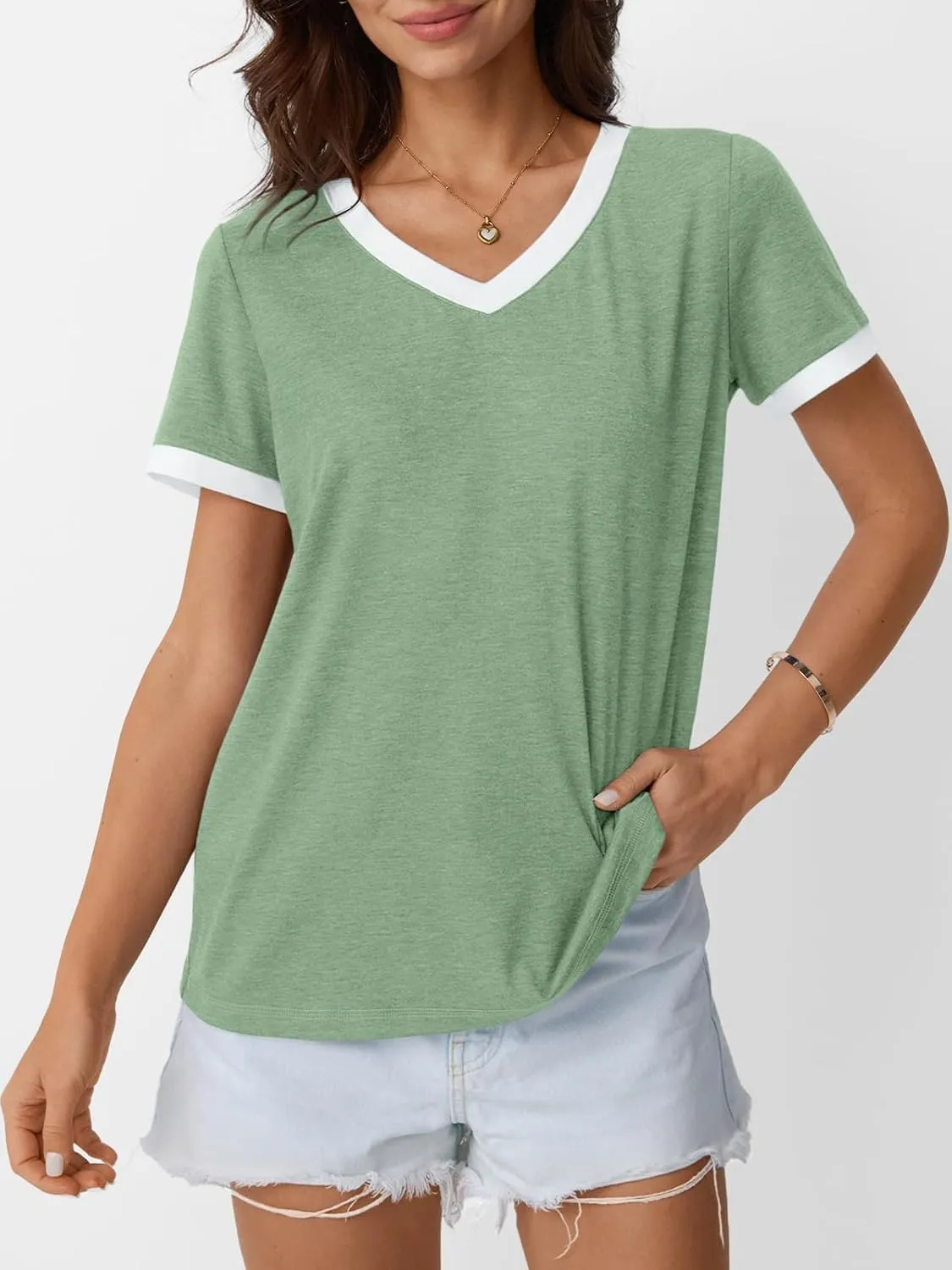 AUTOMET Womens Short Sleeve T-Shirts Summer Tops Casual Soft Tunic V Neck Basic Workout Clothes Spring Fashion Outfits 2025