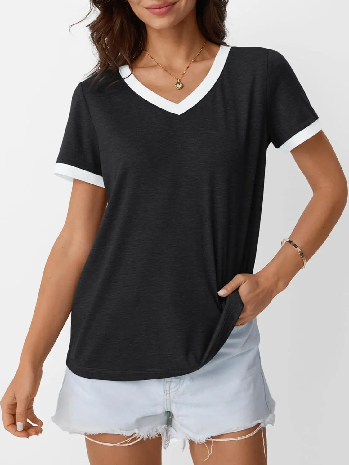 AUTOMET Womens Short Sleeve T-Shirts Summer Tops Casual Soft Tunic V Neck Basic Workout Clothes Spring Fashion Outfits 2025