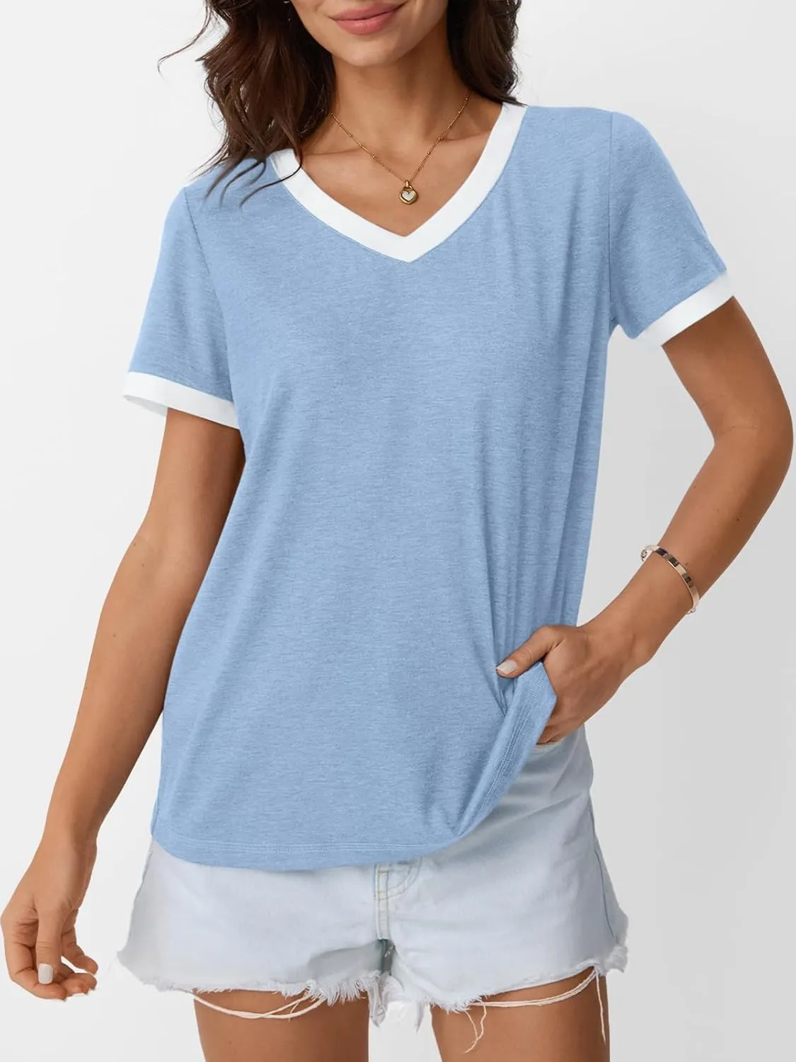 AUTOMET Womens Short Sleeve T-Shirts Summer Tops Casual Soft Tunic V Neck Basic Workout Clothes Spring Fashion Outfits 2025