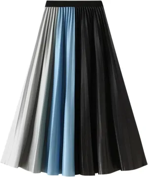 Autumn Winter Fashion Patchwork Midi Long Pleated Skirt Women Korean Style Mid-Length High Waist Skirt Female Black One Size