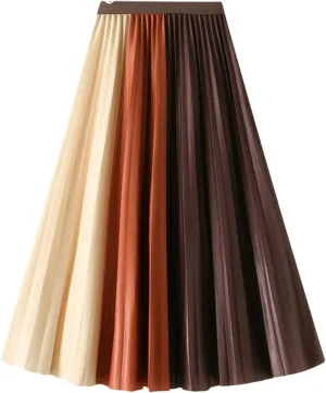 Autumn Winter Fashion Patchwork Midi Long Pleated Skirt Women Korean Style Mid-Length High Waist Skirt Female Coffee One Size