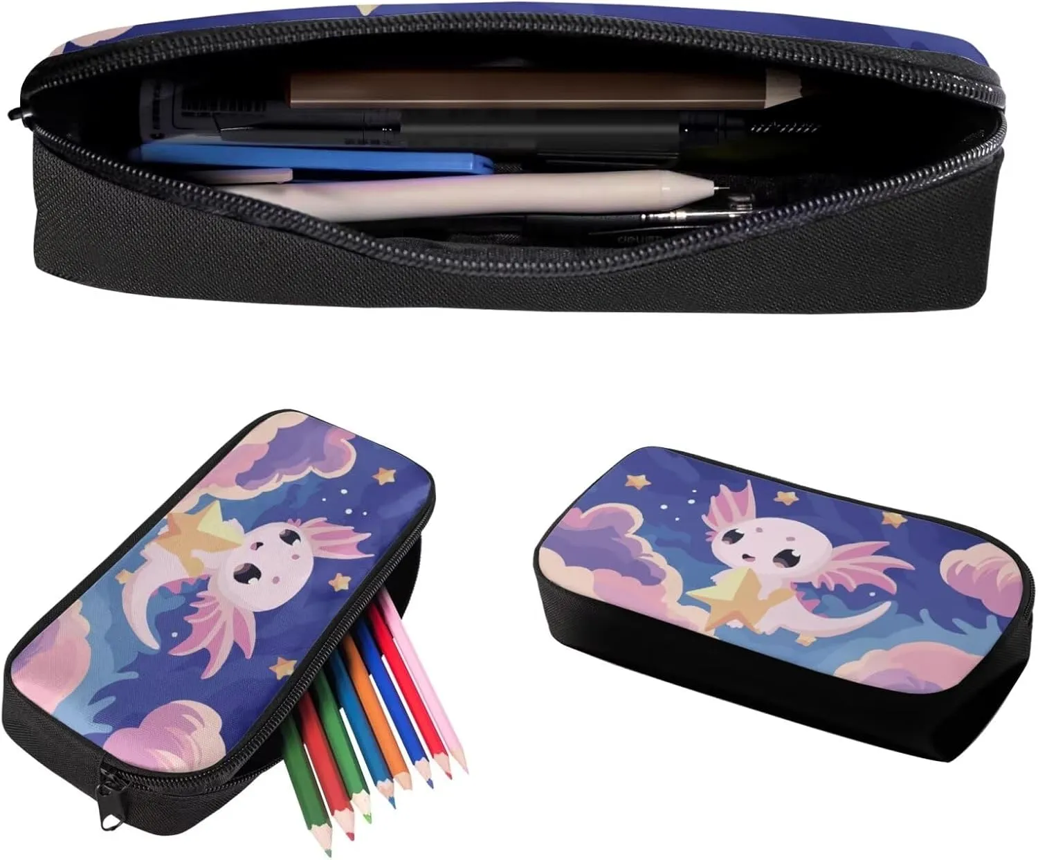 Axolotl Star Print 3 in 1 Backpack for School with Lunchbox and Pencil Cases for Students Girls Bookbag Ages 8-10 School Bag for Kids Insulated Lunch Bag for Kids