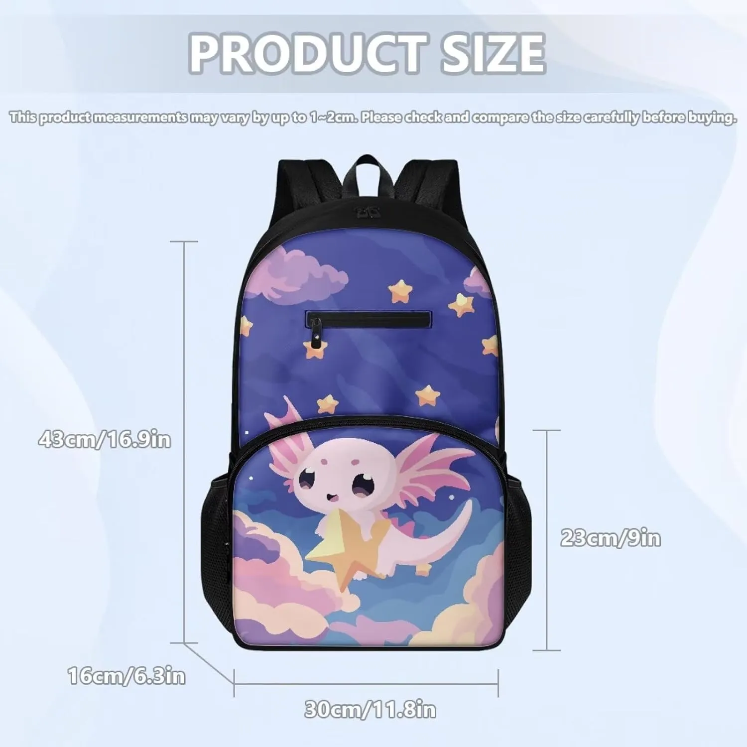 Axolotl Star Print 3 in 1 Backpack for School with Lunchbox and Pencil Cases for Students Girls Bookbag Ages 8-10 School Bag for Kids Insulated Lunch Bag for Kids