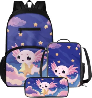 Axolotl Star Print 3 in 1 Backpack for School with Lunchbox and Pencil Cases for Students Girls Bookbag Ages 8-10 School Bag for Kids Insulated Lunch Bag for Kids