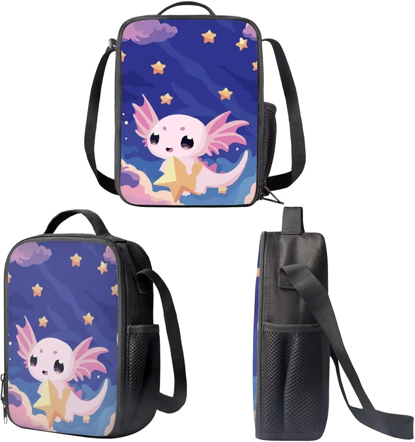 Axolotl Star Print 3 in 1 Backpack for School with Lunchbox and Pencil Cases for Students Girls Bookbag Ages 8-10 School Bag for Kids Insulated Lunch Bag for Kids