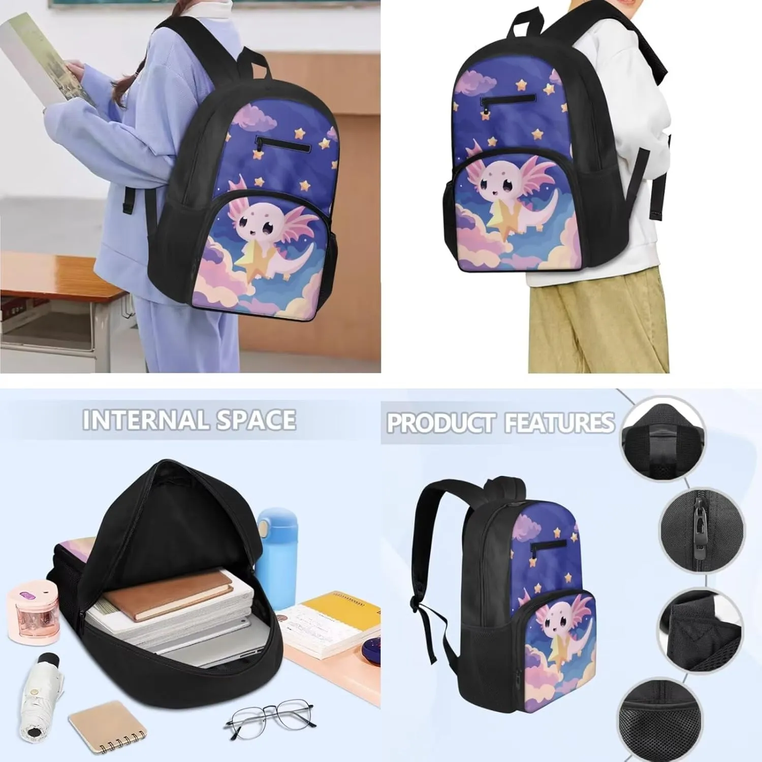 Axolotl Star Print 3 in 1 Backpack for School with Lunchbox and Pencil Cases for Students Girls Bookbag Ages 8-10 School Bag for Kids Insulated Lunch Bag for Kids