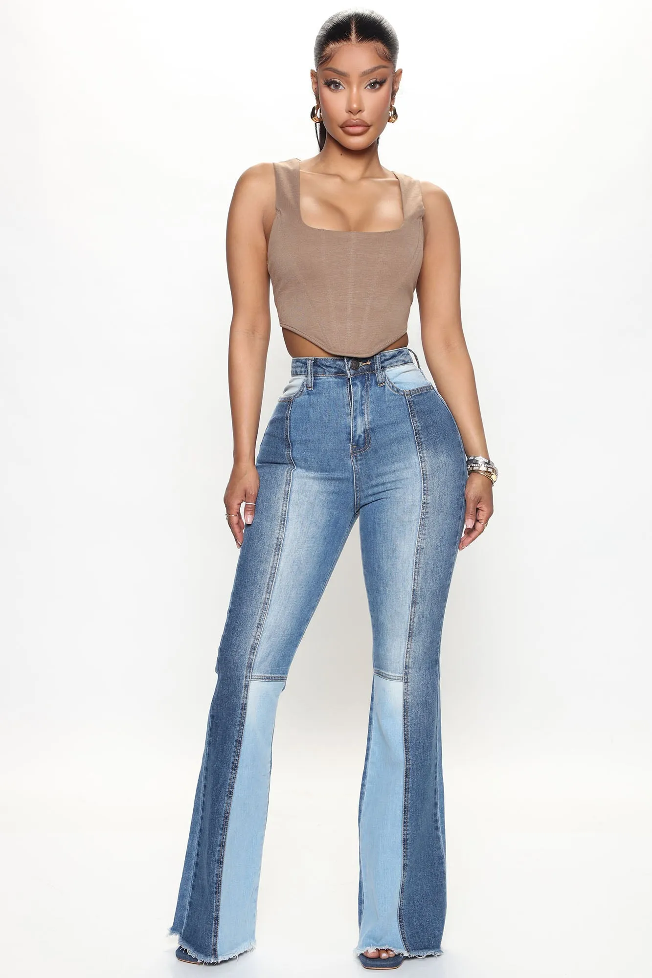 Baby Don't Go Two Tone Flare Jeans - Medium Wash