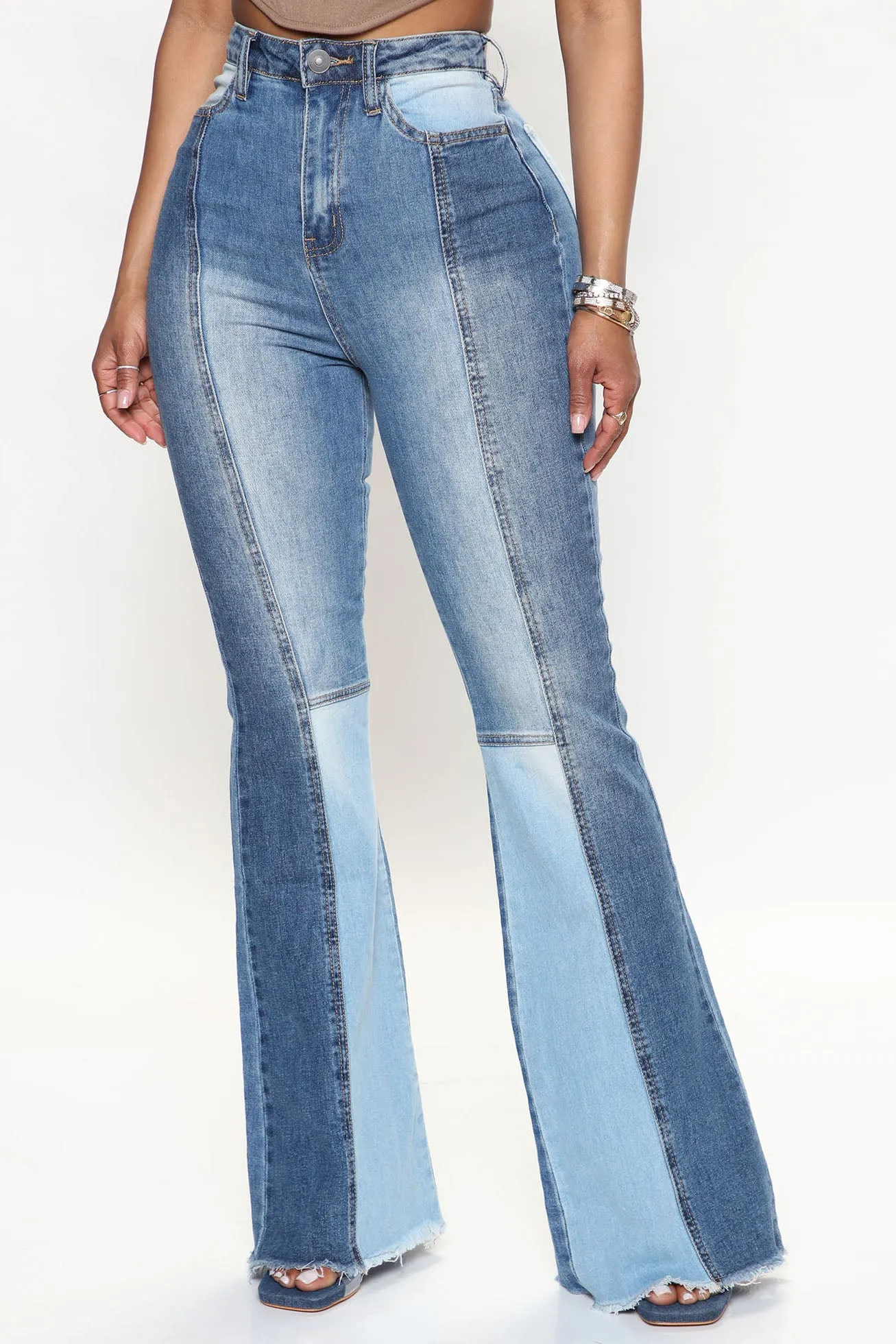 Baby Don't Go Two Tone Flare Jeans - Medium Wash
