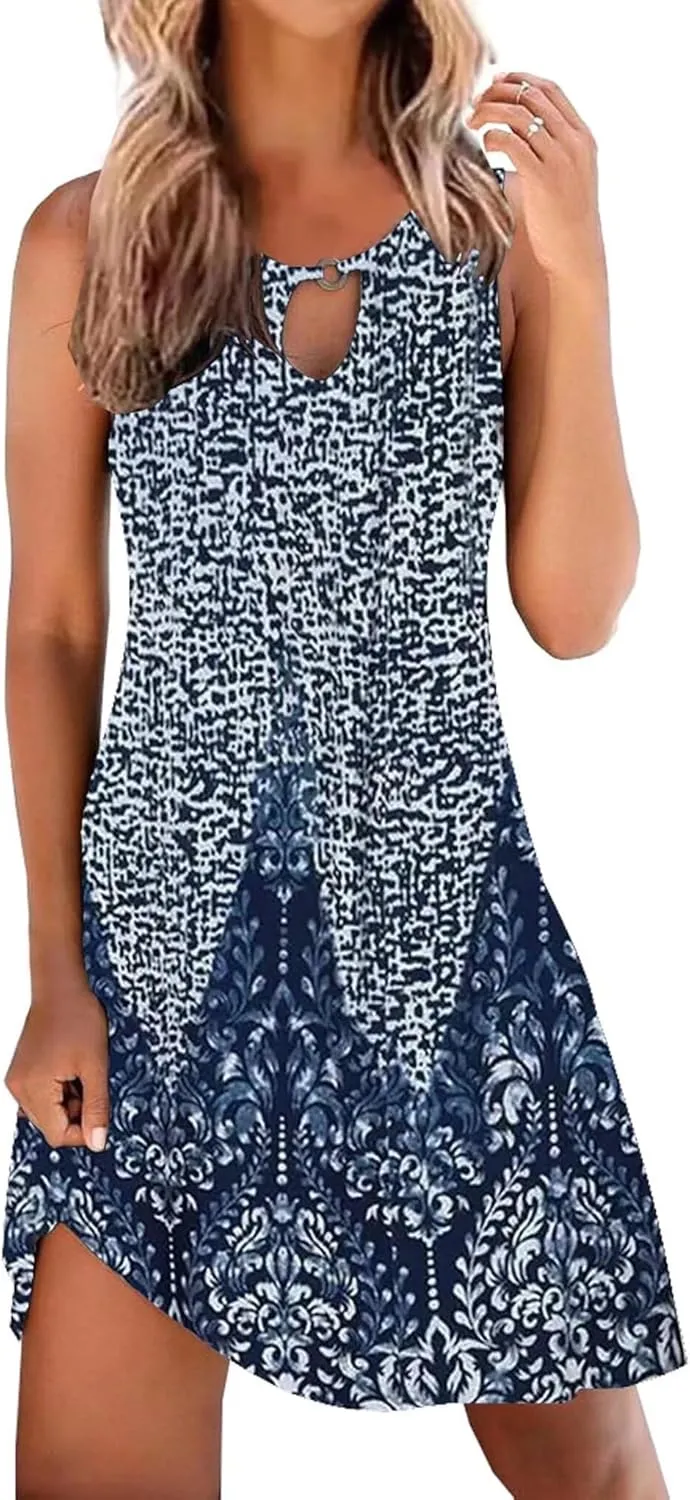 Beach Dress for Women Summer Keyhole Crew Neck Casual Floral Printed Mini Dress Sleeveless Elegant Vintage Sundress