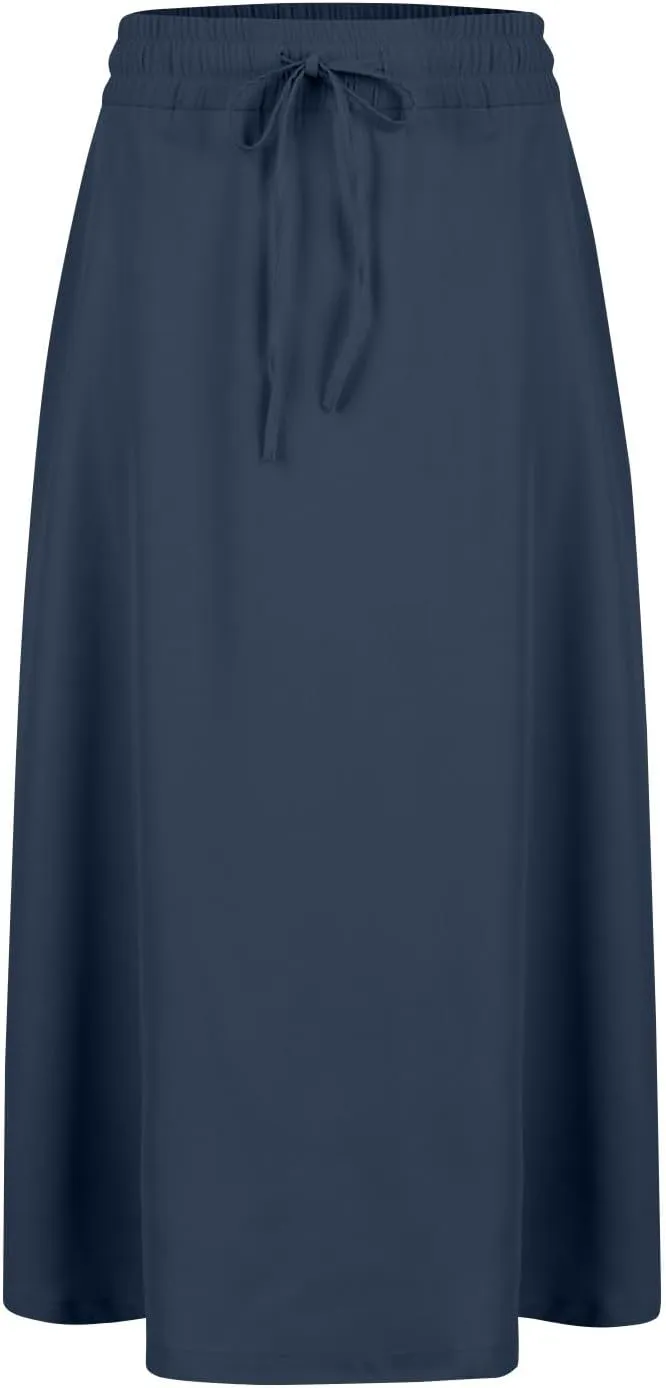 Beach Skirts for Women Drawstring Elastic Waist Summer Midi Skirt A Line Smocked Skirts Knee Length with Pockets