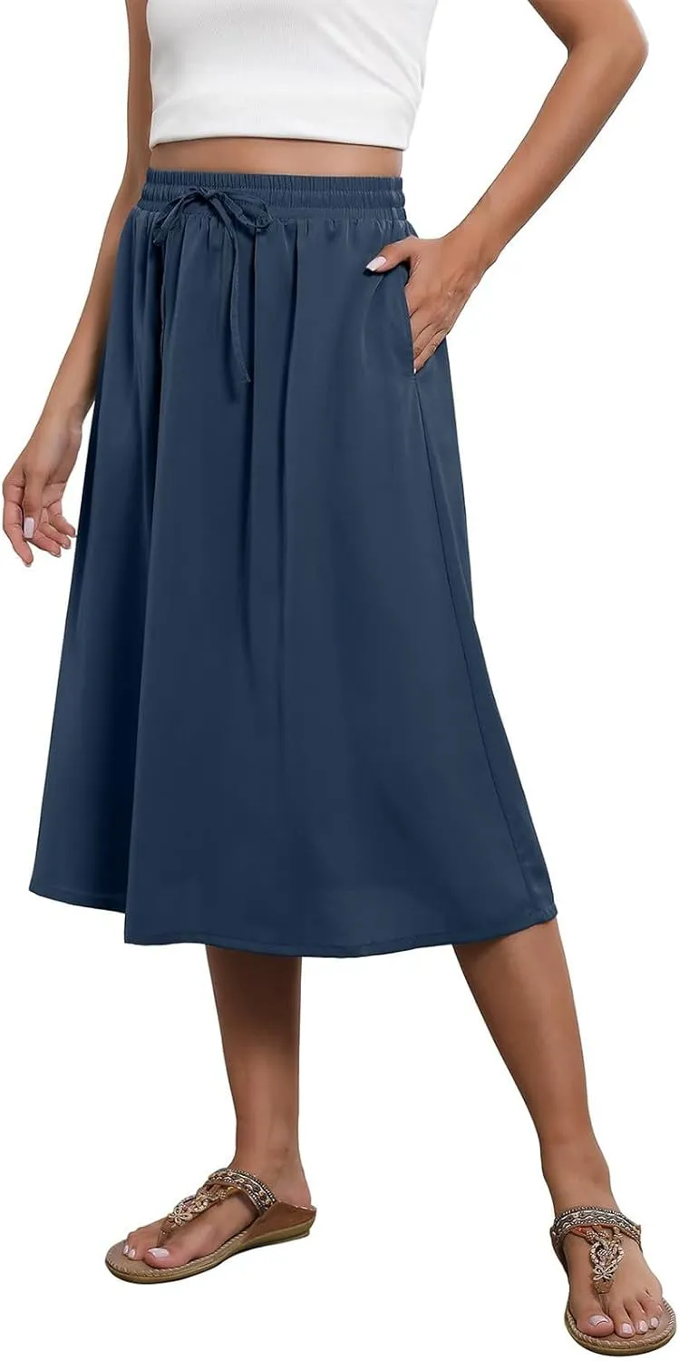 Beach Skirts for Women Drawstring Elastic Waist Summer Midi Skirt A Line Smocked Skirts Knee Length with Pockets
