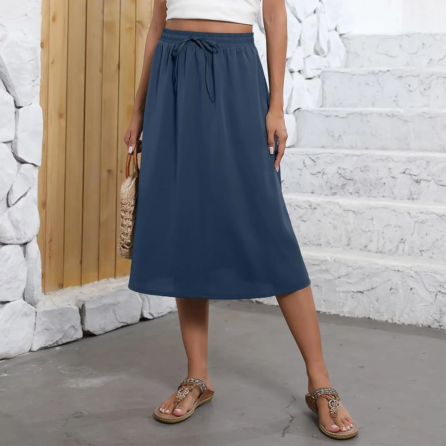 Beach Skirts for Women Drawstring Elastic Waist Summer Midi Skirt A Line Smocked Skirts Knee Length with Pockets