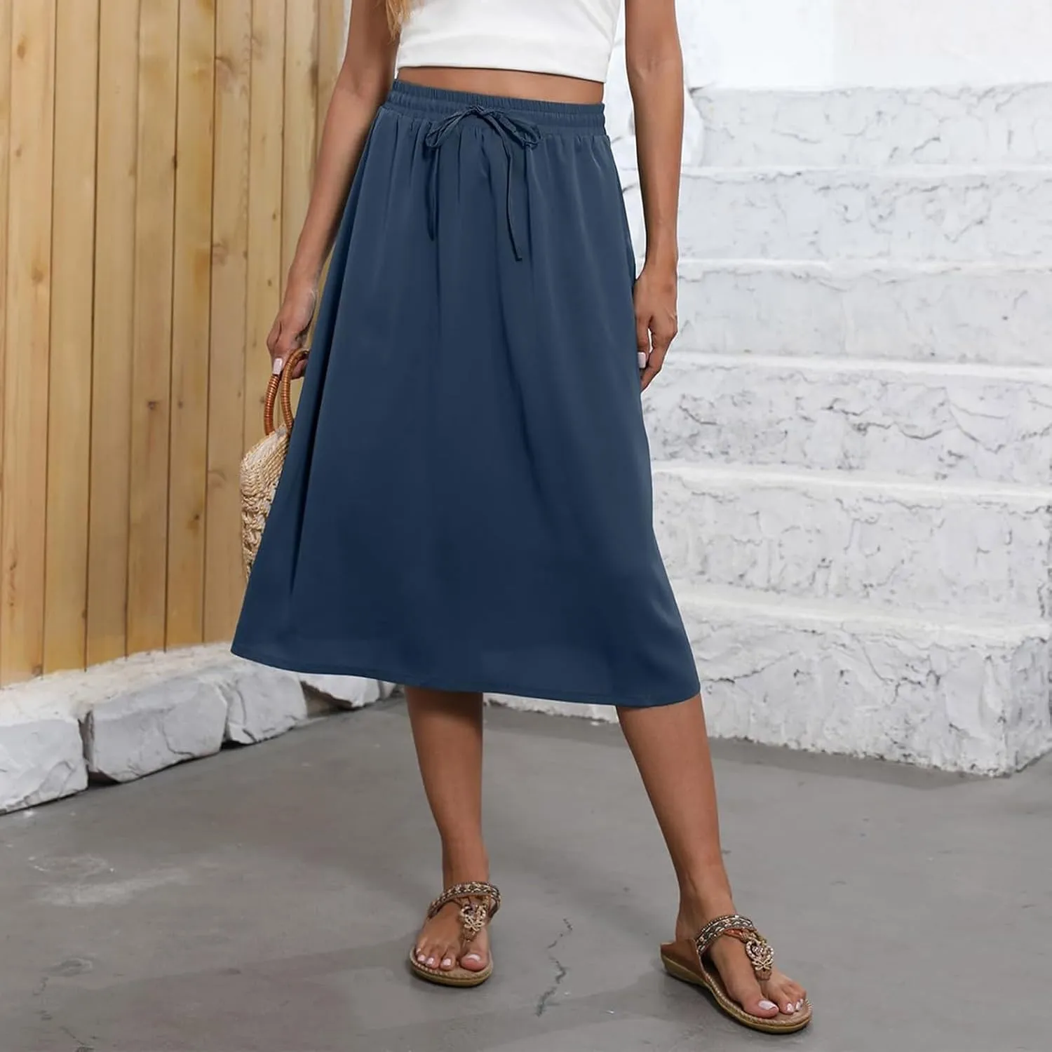Beach Skirts for Women Drawstring Elastic Waist Summer Midi Skirt A Line Smocked Skirts Knee Length with Pockets
