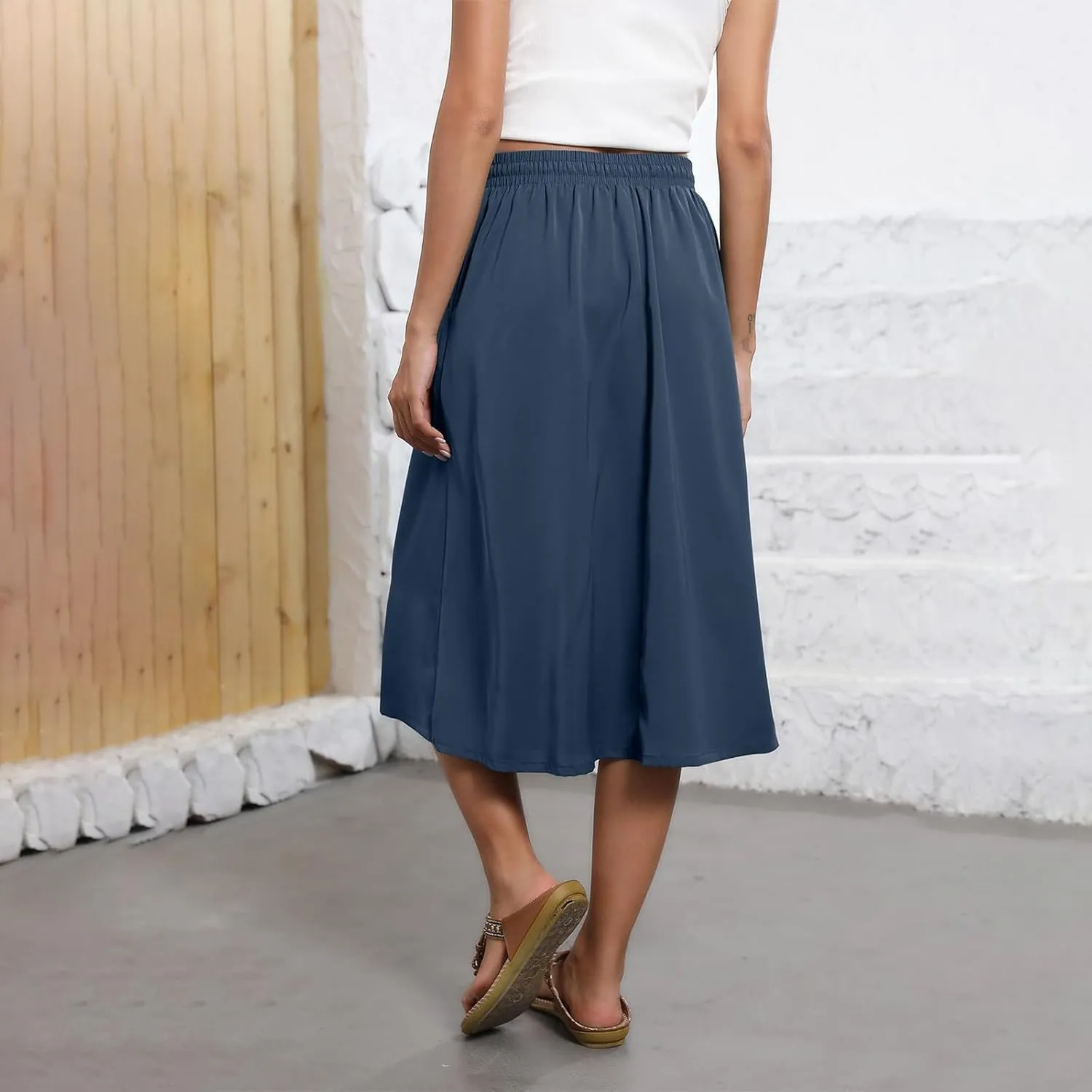 Beach Skirts for Women Drawstring Elastic Waist Summer Midi Skirt A Line Smocked Skirts Knee Length with Pockets
