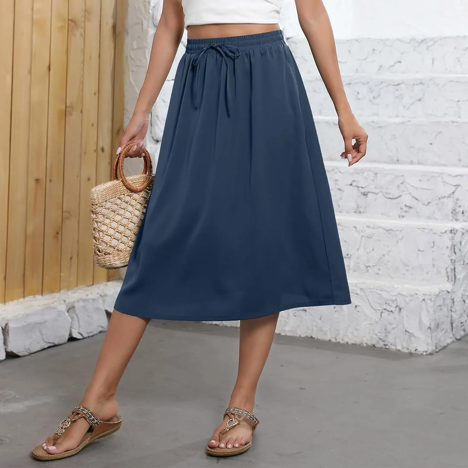 Beach Skirts for Women Drawstring Elastic Waist Summer Midi Skirt A Line Smocked Skirts Knee Length with Pockets