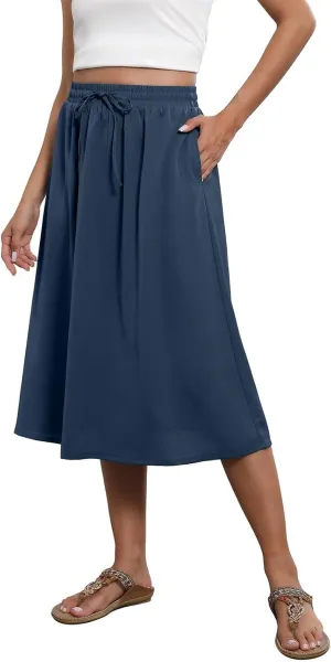 Beach Skirts for Women Drawstring Elastic Waist Summer Midi Skirt A Line Smocked Skirts Knee Length with Pockets