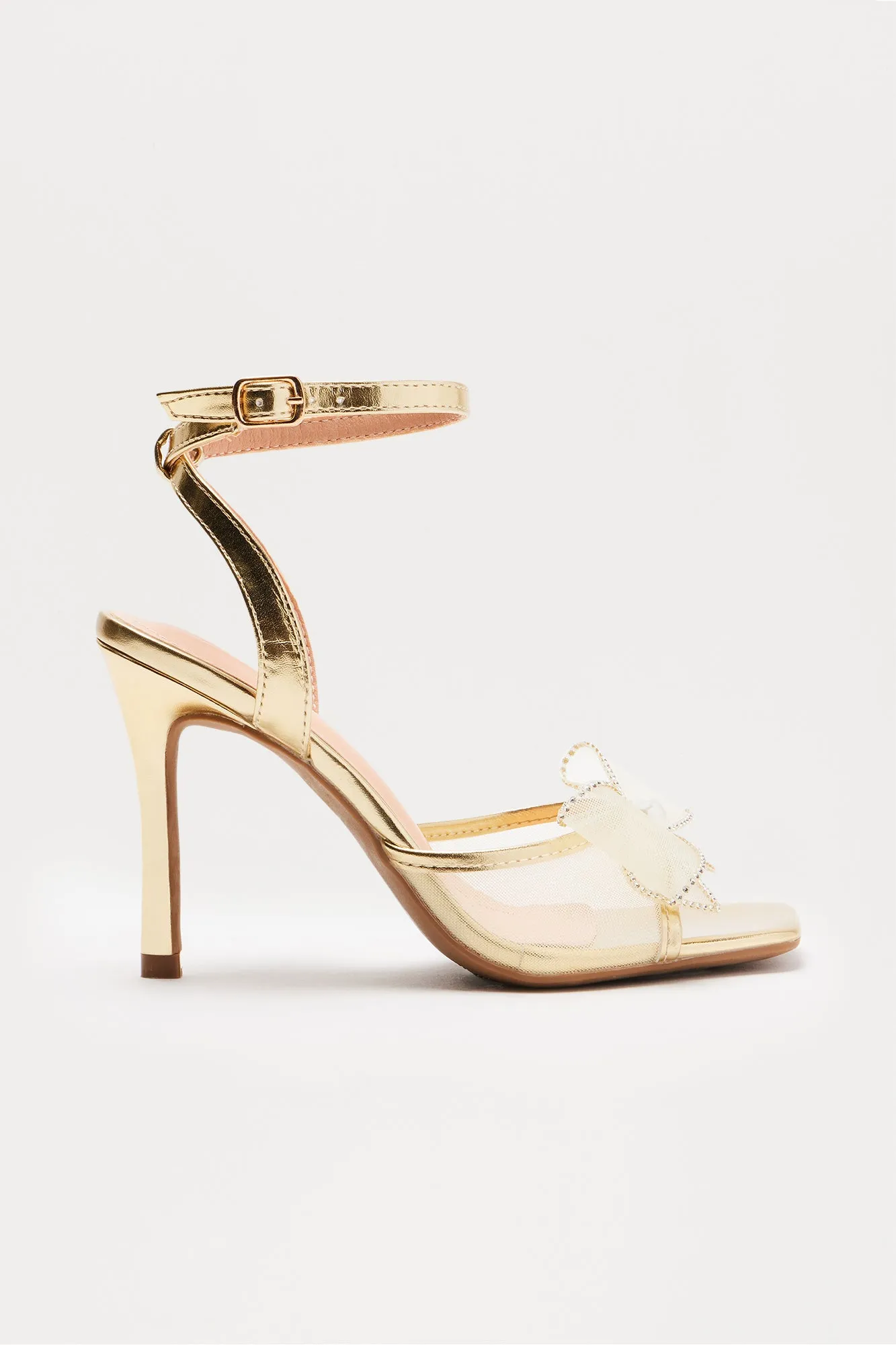 Beller Rhinestone Pearl Bow Heels - Gold