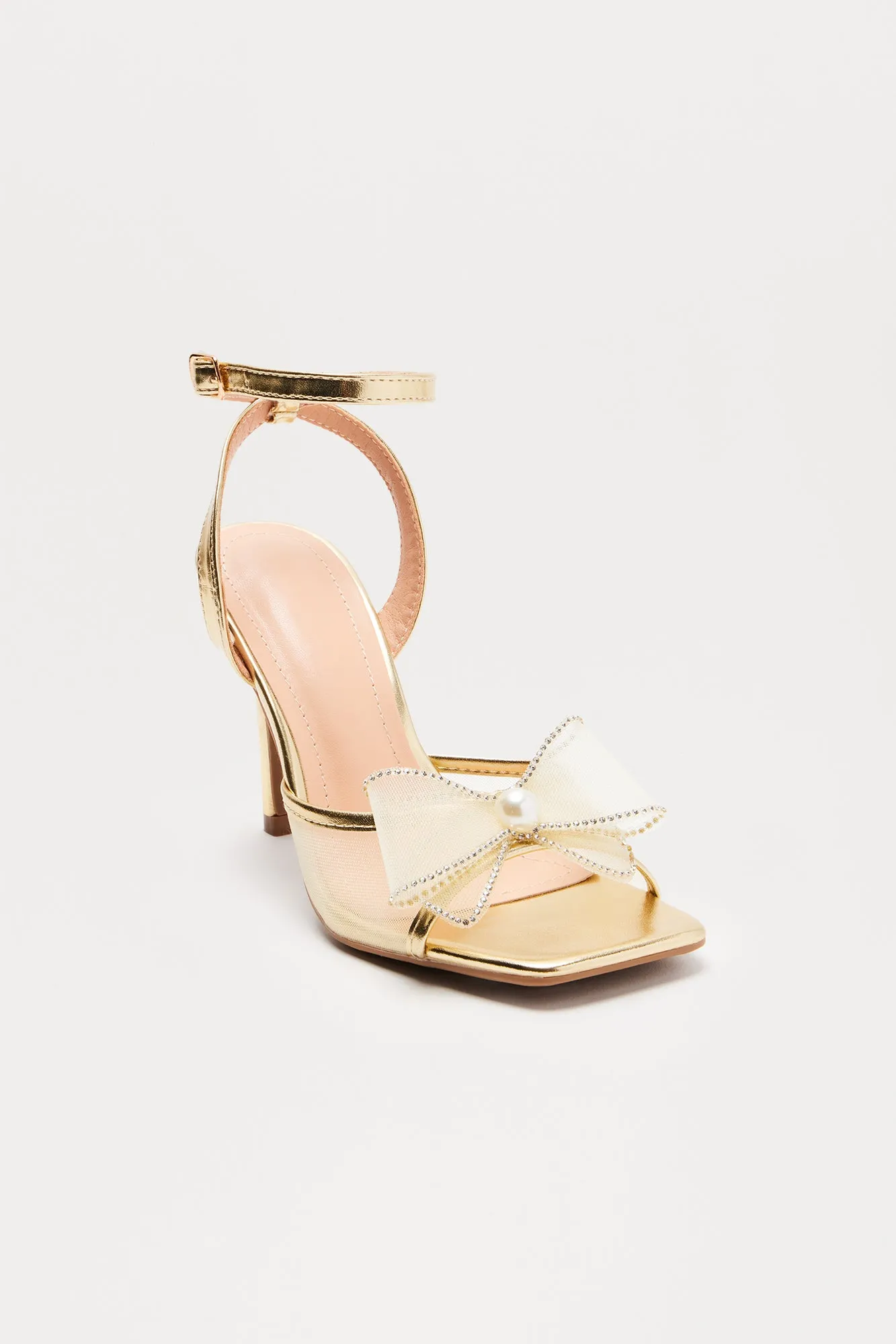 Beller Rhinestone Pearl Bow Heels - Gold