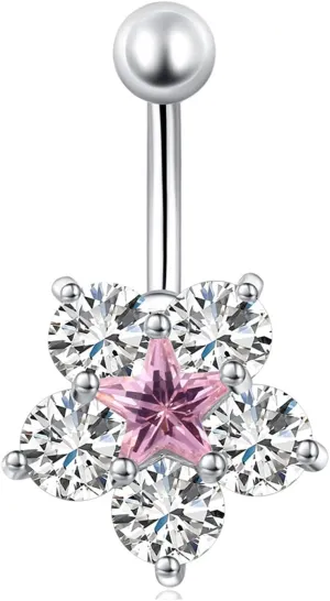 Belly Rings for Women, Stainless-Steel Flower Belly Button Jewelry, Piercing Body Jewelry for Women