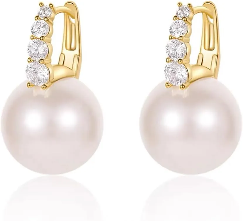 Big Pearl Hoop Earrings for Women Trendy, Cubic Zirconia White Pearl Drop Earrings, 18K Gold Plated Shell Pearl Dangle CZ Earring Jewelry for Birthday Anniversary,13mm