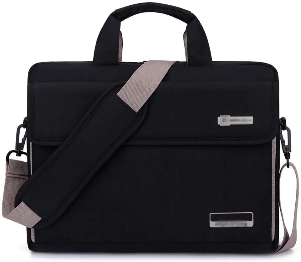 Black Multi-Functional Fabric Laptop Case,Adjustable Shoulder Strap Suppressible Handle,Portable Briefcase