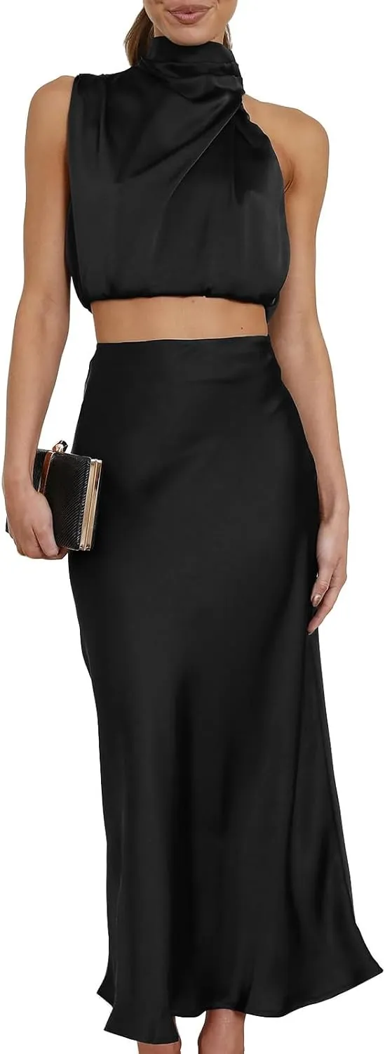 Black Satin Top Mock Neck Sleeveless with Satin Skirts For Women Cocktail Evening Party Reception Formal Wedding Date Night Outfit Womens Two Piece Outfits Summer Holiday Dress Sets Black S