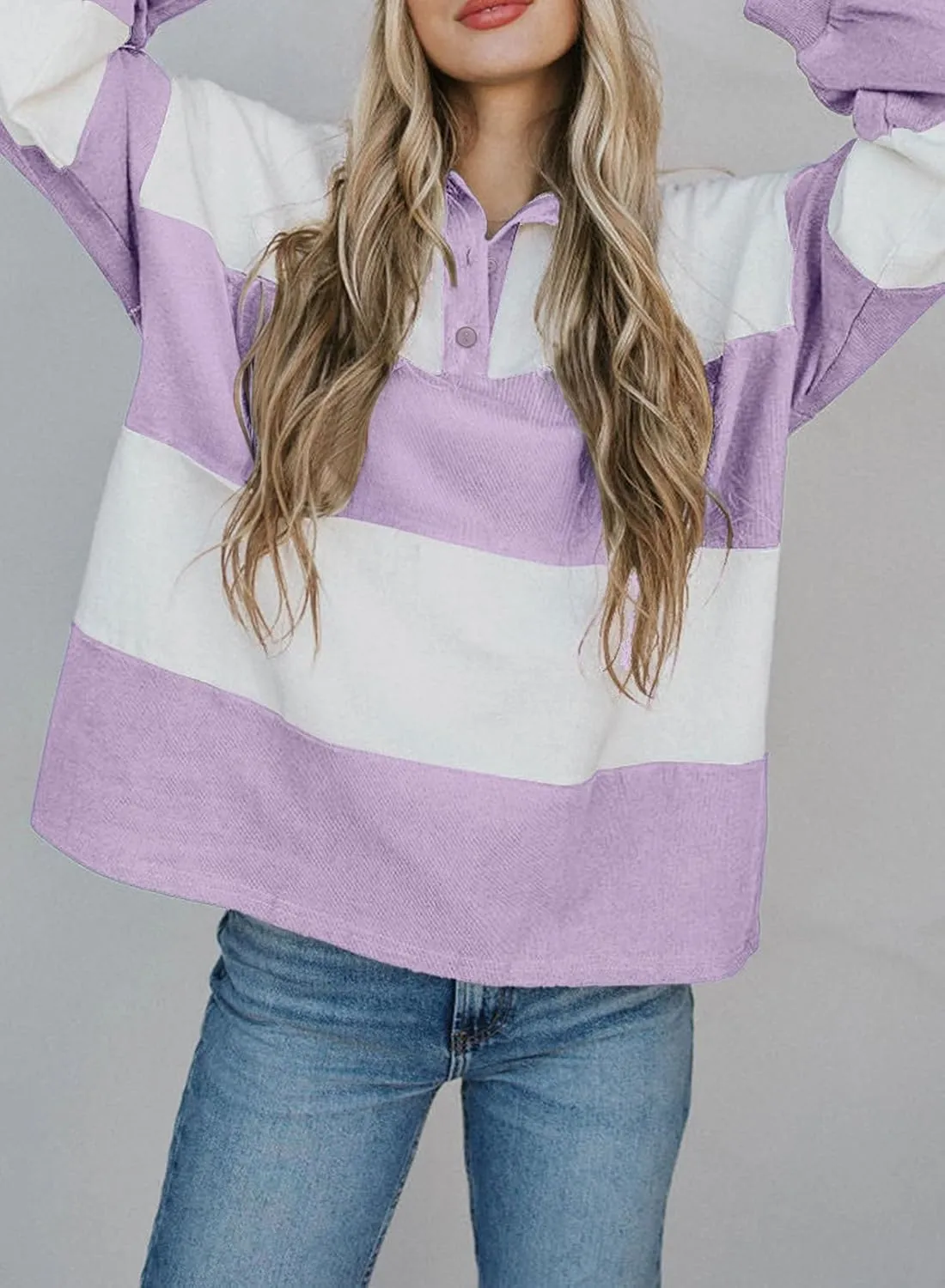 BLENCOT Womens Oversized Striped Sweatshirt Color Block Fall Pullover Polo Shirt Casual Loose Trendy Tops