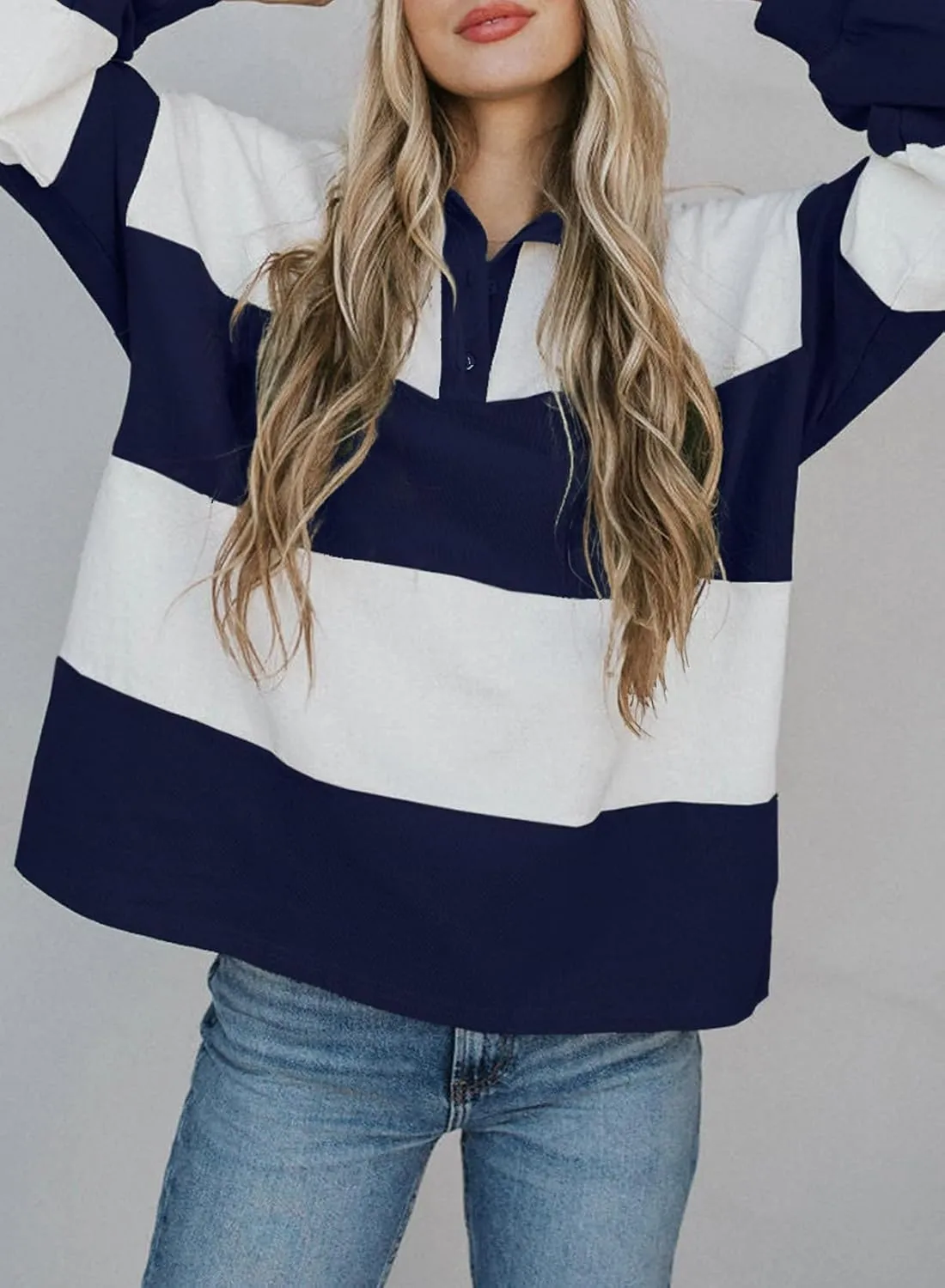 BLENCOT Womens Oversized Striped Sweatshirt Color Block Fall Pullover Polo Shirt Casual Loose Trendy Tops
