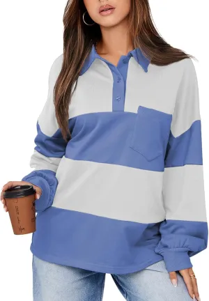 BLENCOT Womens Oversized Striped Sweatshirt Color Block Fall Pullover Polo Shirt Casual Loose Trendy Tops