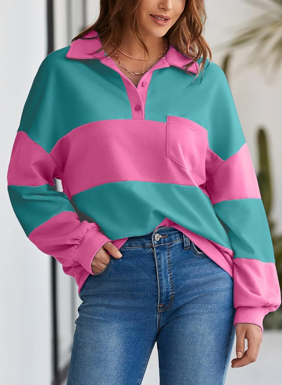 BLENCOT Womens Oversized Striped Sweatshirt Color Block Fall Pullover Polo Shirt Casual Loose Trendy Tops