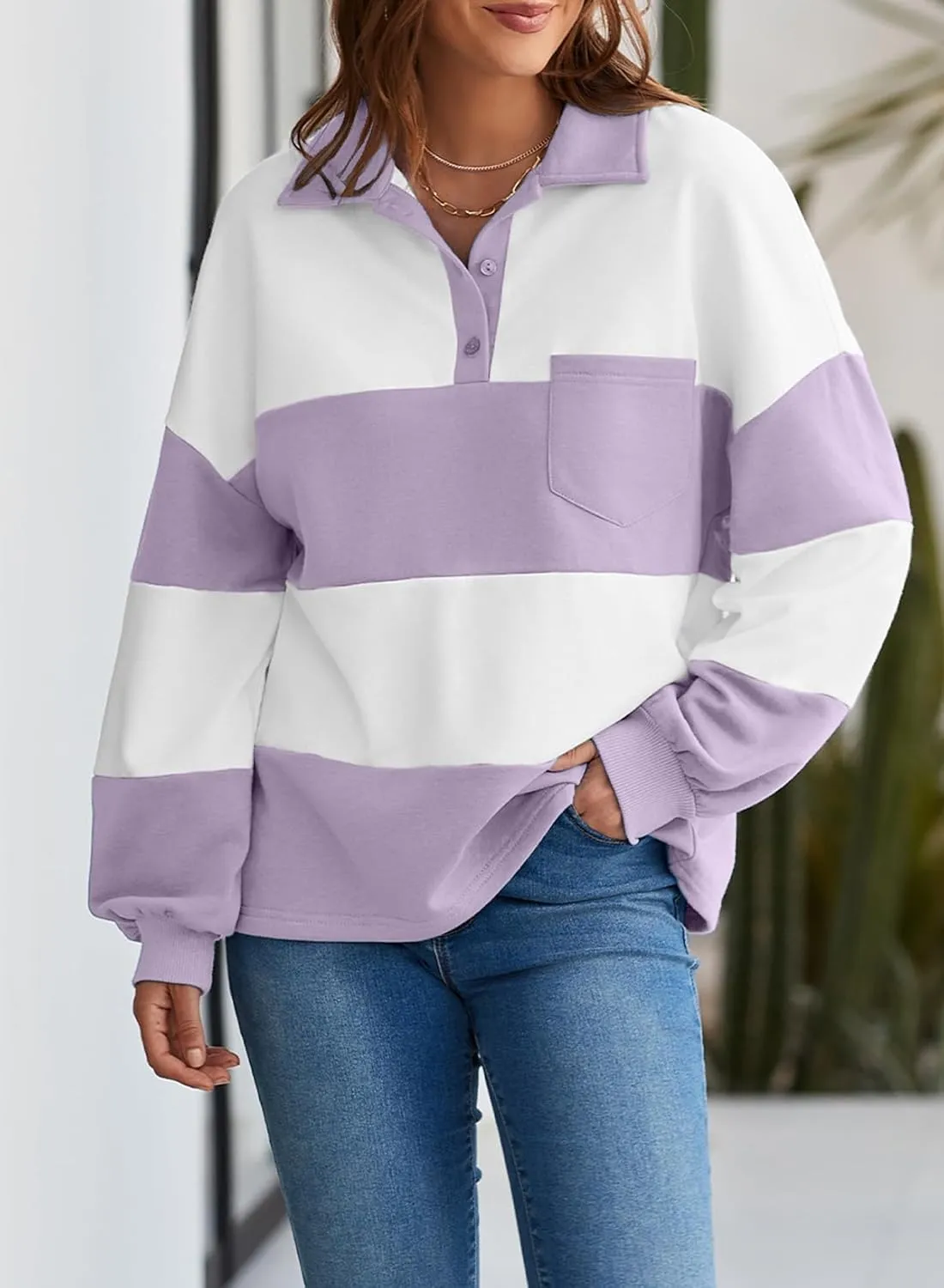 BLENCOT Womens Oversized Striped Sweatshirt Color Block Fall Pullover Polo Shirt Casual Loose Trendy Tops