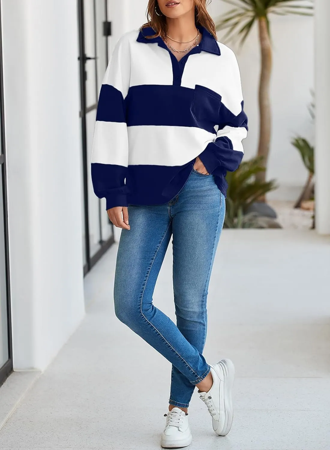 BLENCOT Womens Oversized Striped Sweatshirt Color Block Fall Pullover Polo Shirt Casual Loose Trendy Tops