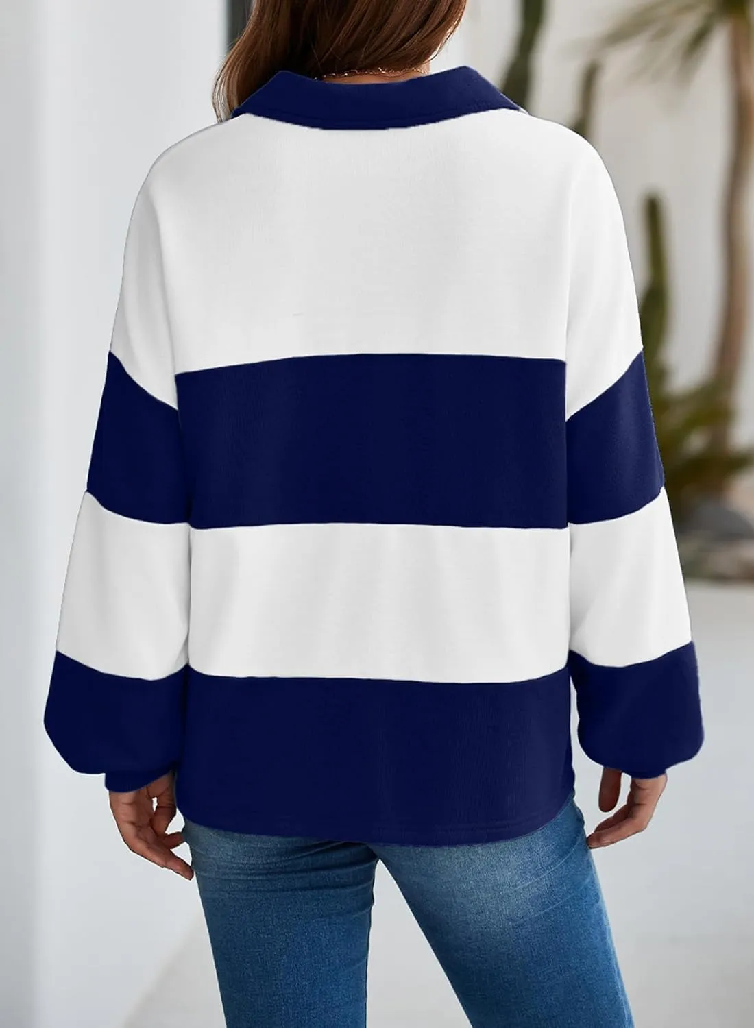 BLENCOT Womens Oversized Striped Sweatshirt Color Block Fall Pullover Polo Shirt Casual Loose Trendy Tops
