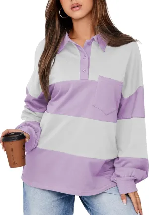 BLENCOT Womens Oversized Striped Sweatshirt Color Block Fall Pullover Polo Shirt Casual Loose Trendy Tops