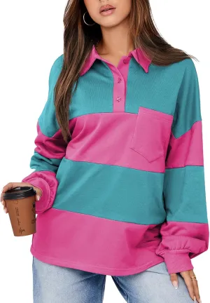 BLENCOT Womens Oversized Striped Sweatshirt Color Block Fall Pullover Polo Shirt Casual Loose Trendy Tops
