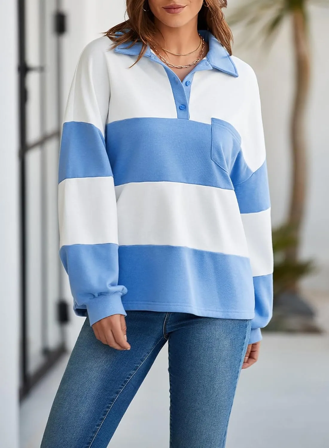 BLENCOT Womens Oversized Striped Sweatshirt Color Block Fall Pullover Polo Shirt Casual Loose Trendy Tops
