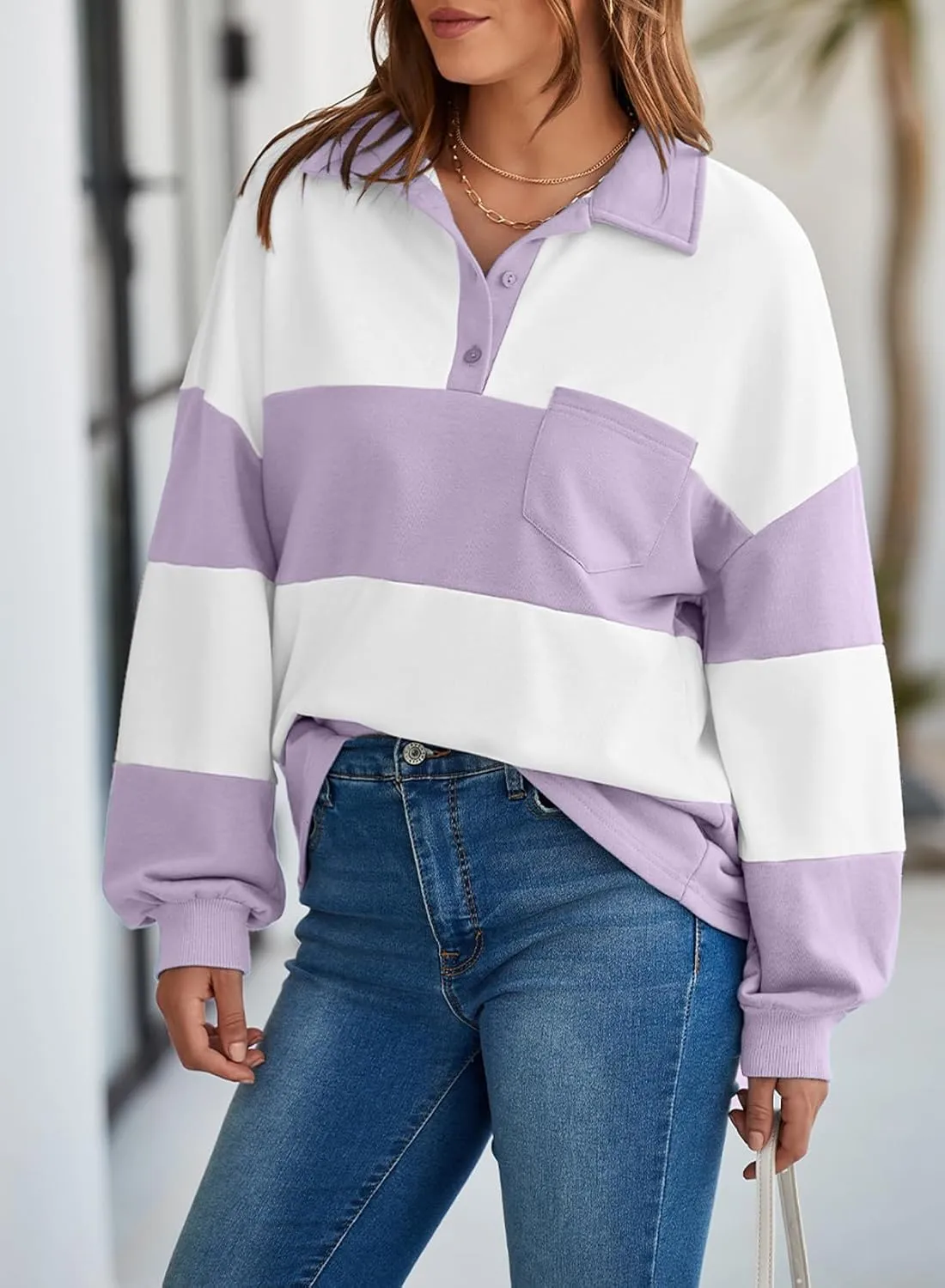 BLENCOT Womens Oversized Striped Sweatshirt Color Block Fall Pullover Polo Shirt Casual Loose Trendy Tops