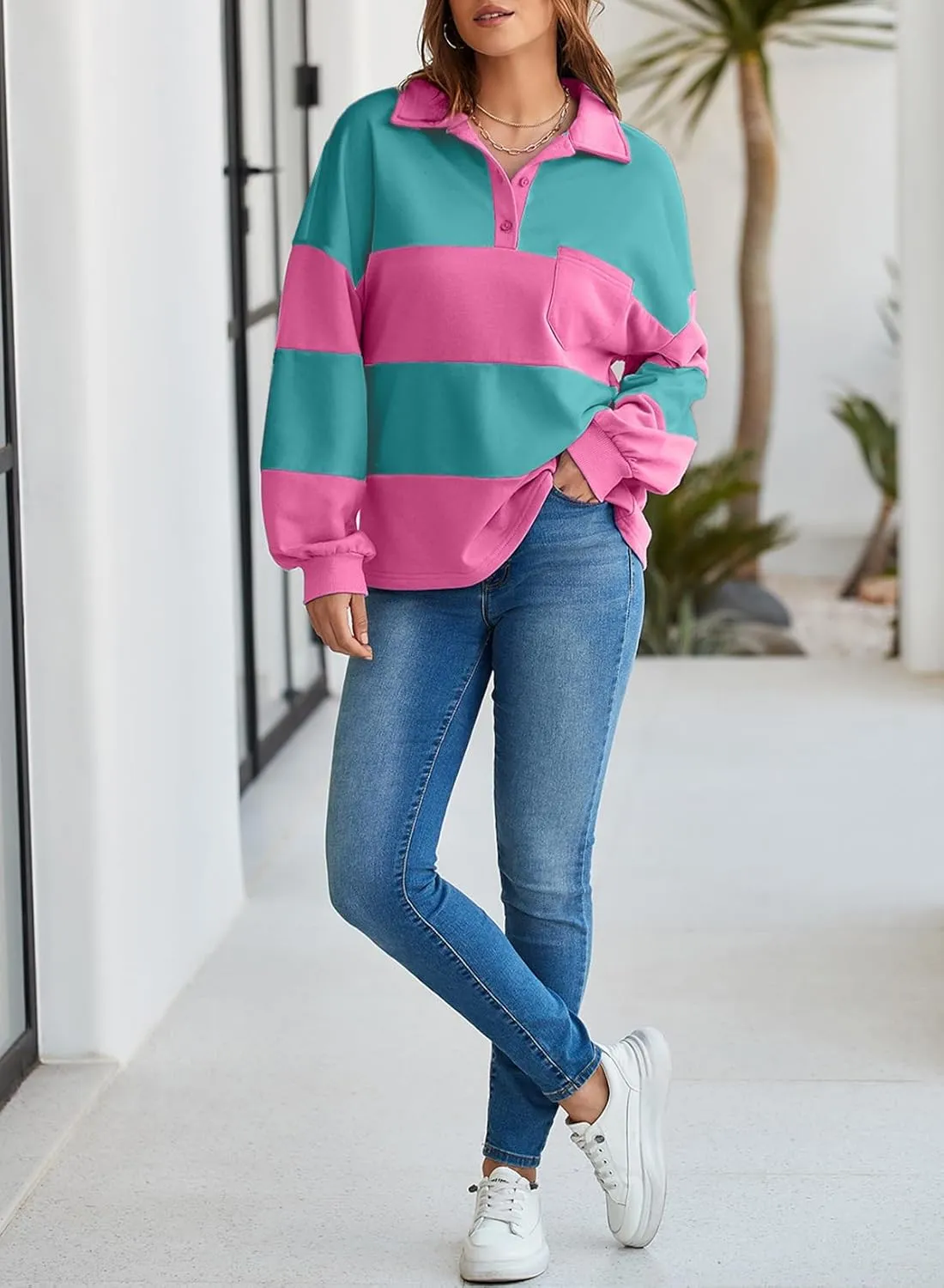 BLENCOT Womens Oversized Striped Sweatshirt Color Block Fall Pullover Polo Shirt Casual Loose Trendy Tops