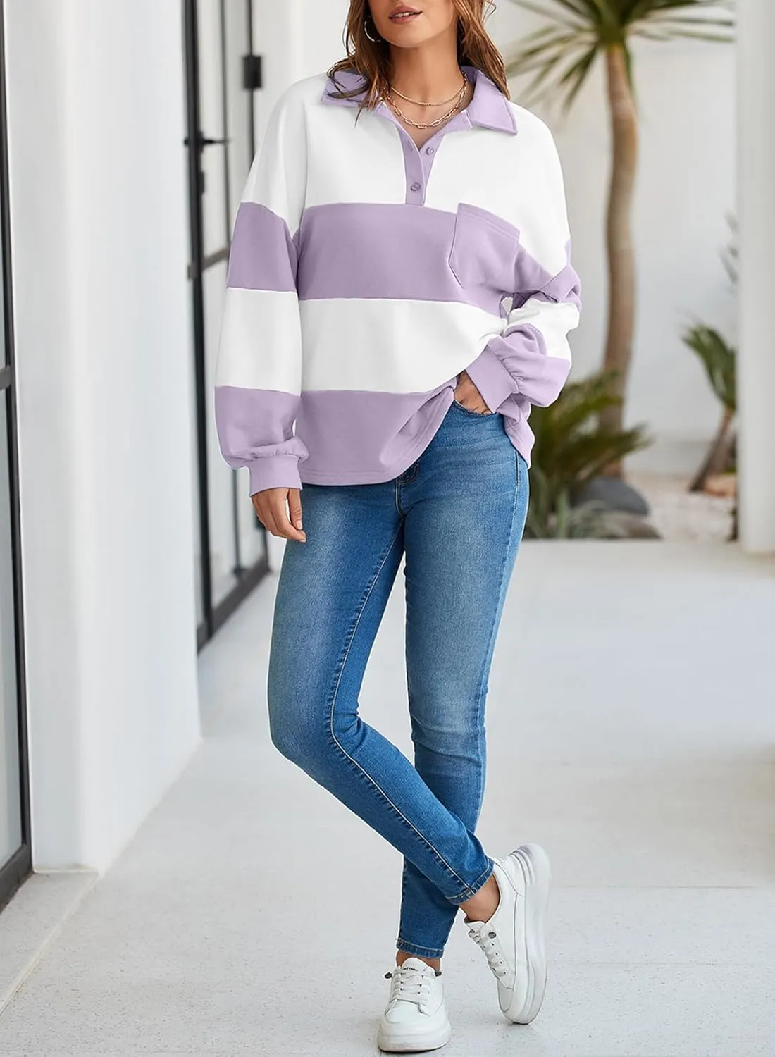 BLENCOT Womens Oversized Striped Sweatshirt Color Block Fall Pullover Polo Shirt Casual Loose Trendy Tops