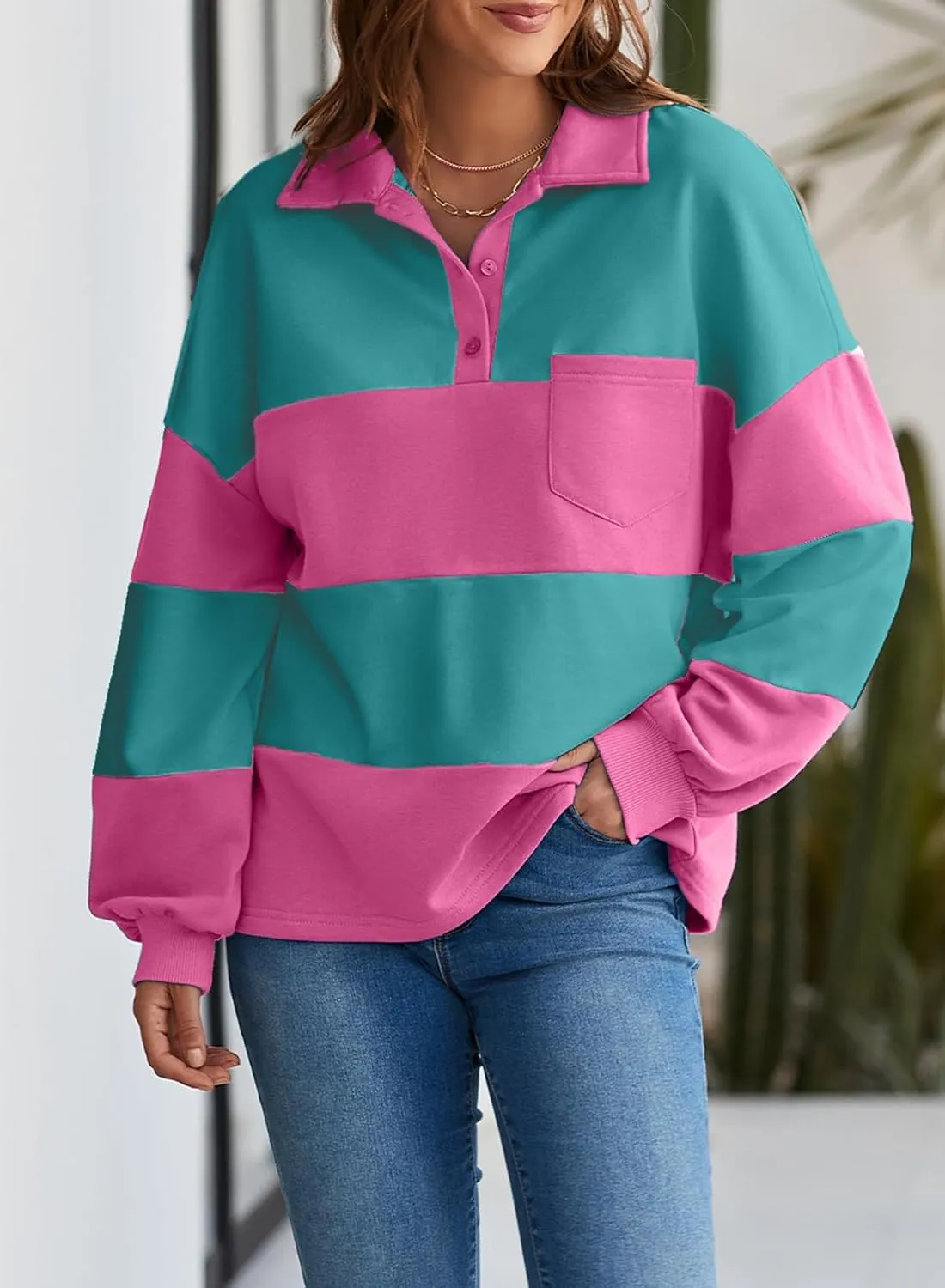 BLENCOT Womens Oversized Striped Sweatshirt Color Block Fall Pullover Polo Shirt Casual Loose Trendy Tops