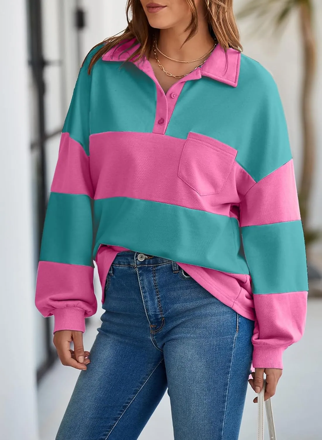 BLENCOT Womens Oversized Striped Sweatshirt Color Block Fall Pullover Polo Shirt Casual Loose Trendy Tops