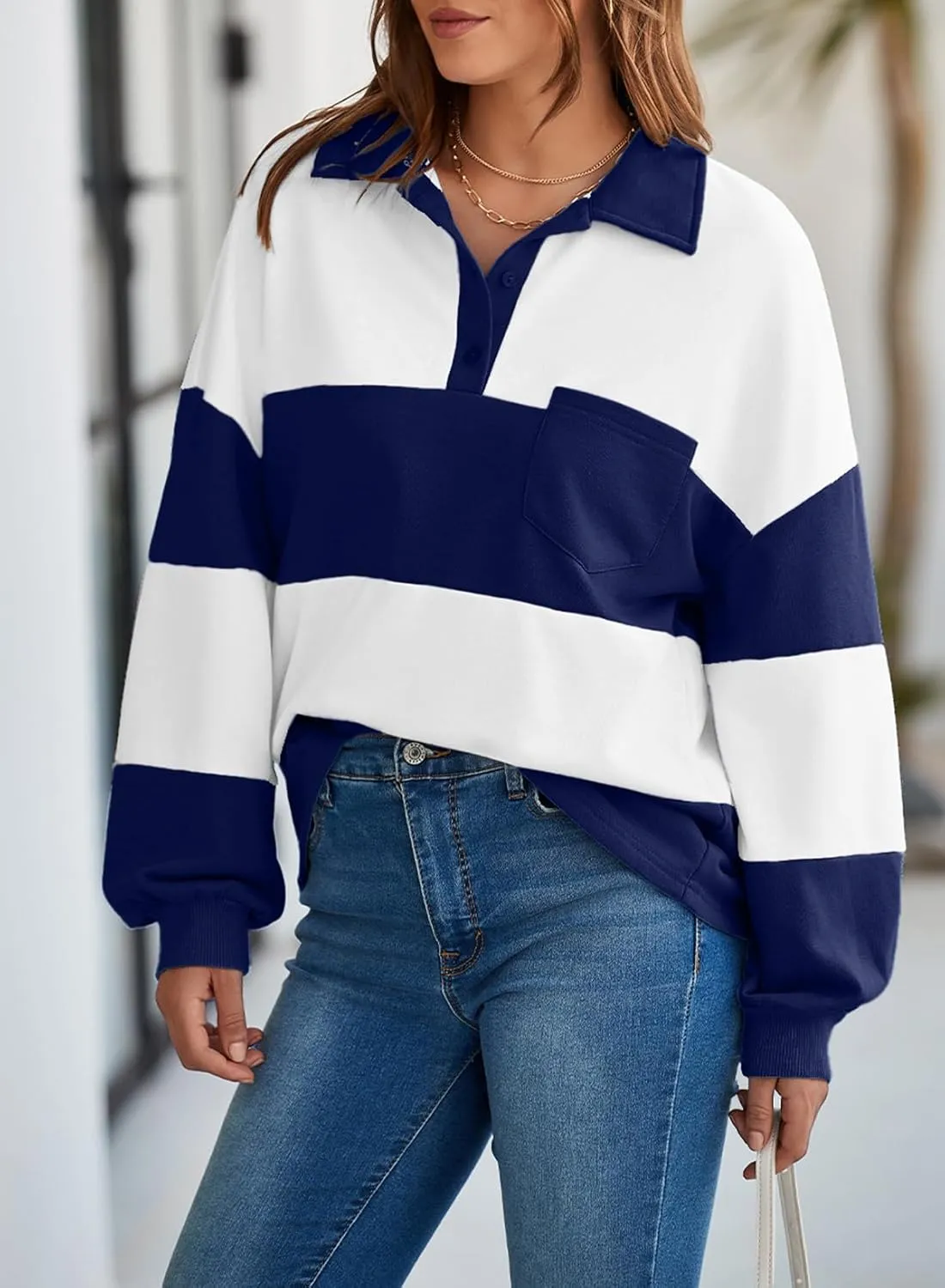 BLENCOT Womens Oversized Striped Sweatshirt Color Block Fall Pullover Polo Shirt Casual Loose Trendy Tops