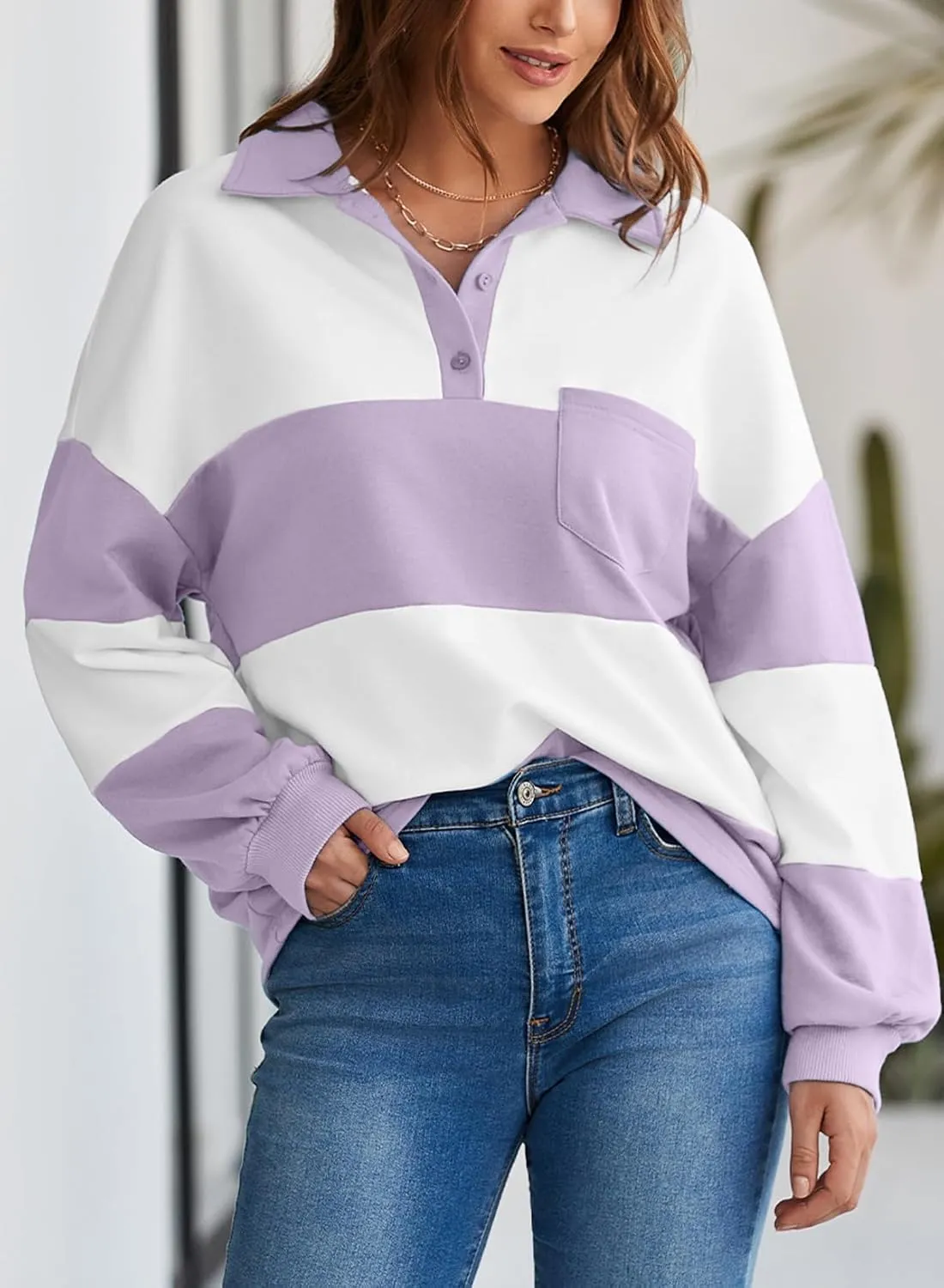 BLENCOT Womens Oversized Striped Sweatshirt Color Block Fall Pullover Polo Shirt Casual Loose Trendy Tops