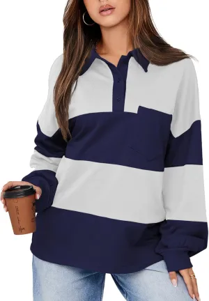 BLENCOT Womens Oversized Striped Sweatshirt Color Block Fall Pullover Polo Shirt Casual Loose Trendy Tops