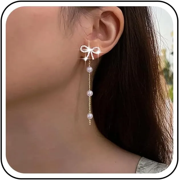 Boho Pearl Chain Drop Earrings Crystal Bow Pearl Earrings Gold Long Pearl Tassel Earrings Rhinestone Bow Stud Earrings Pearl Bridal Earrings Jewelry for Women