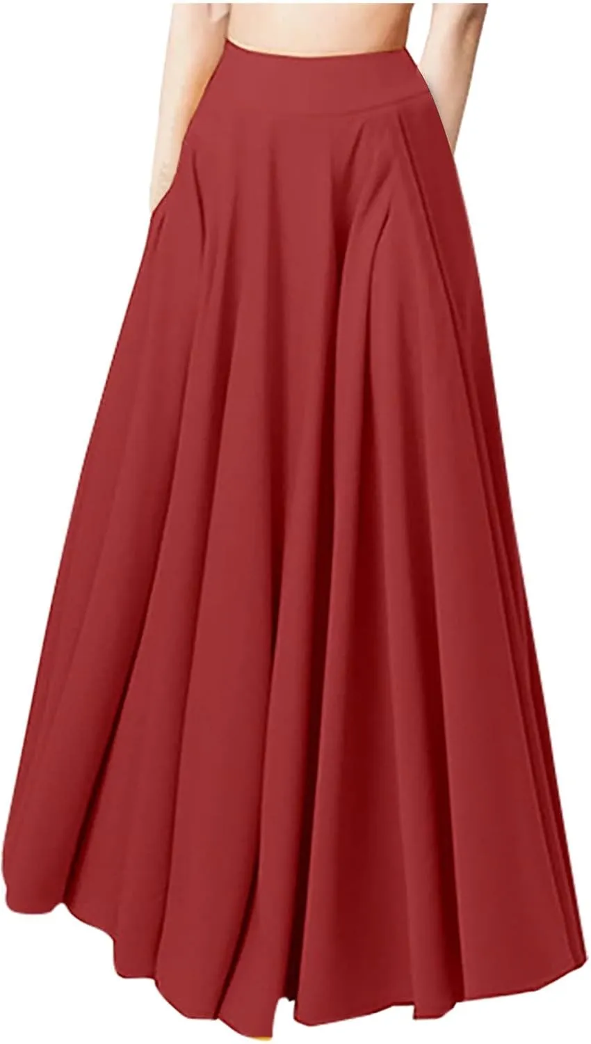 Boho Skirts for Women 2025 Summer Trendy High Waist Ruffle Maxi Skirt Casual Flowy Solid Pleated Skirt with Pockets