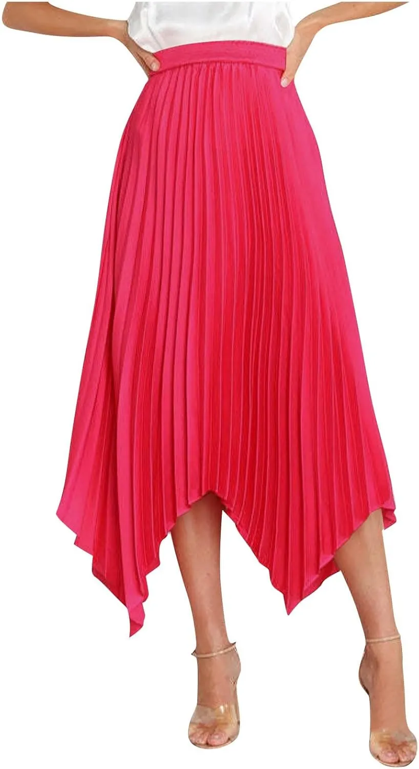 Boho Skirts for Women Casual Soft High Waisted Asymmetrical Maxi Skirt Womens Summer Long Pleated Skirt Midi Length