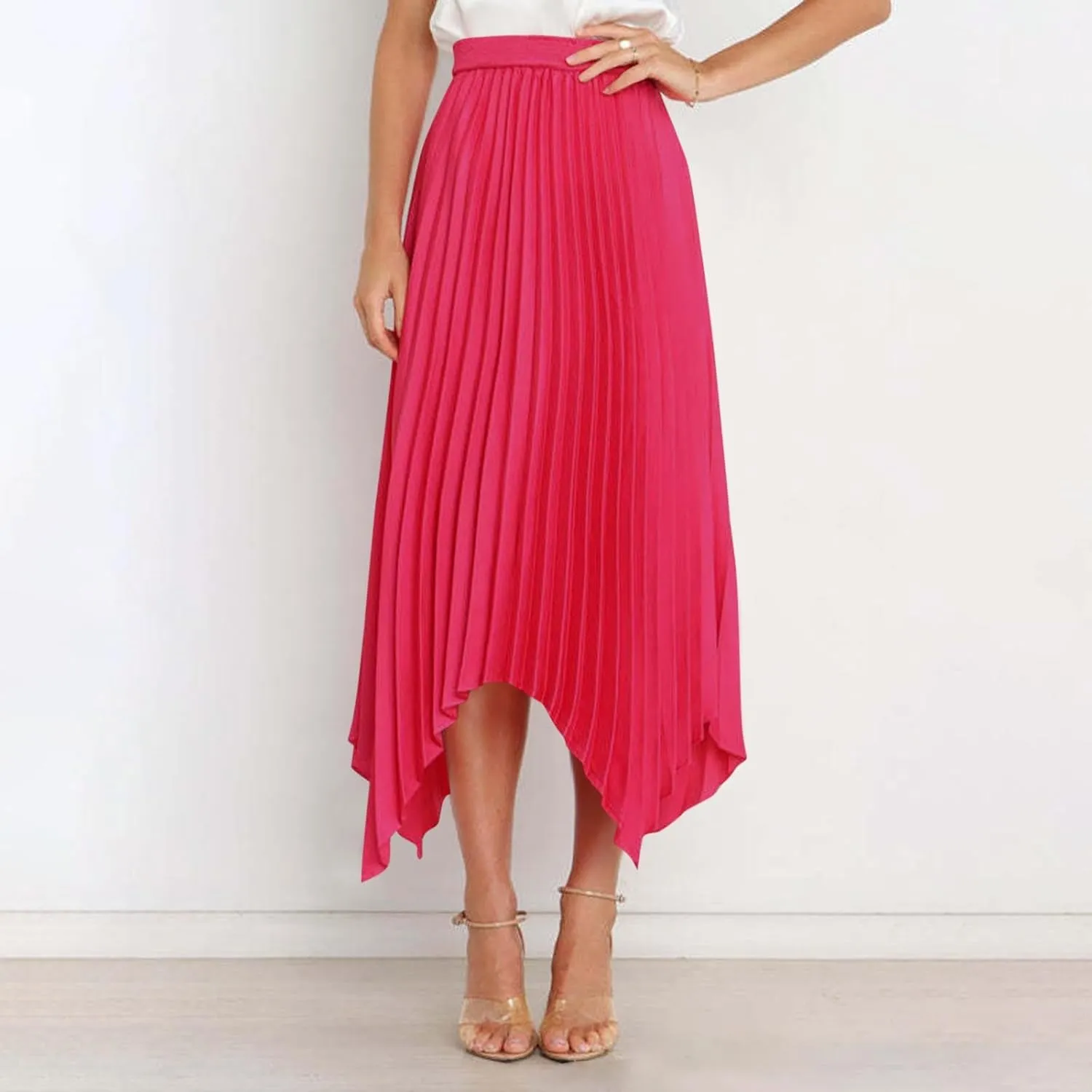 Boho Skirts for Women Casual Soft High Waisted Asymmetrical Maxi Skirt Womens Summer Long Pleated Skirt Midi Length