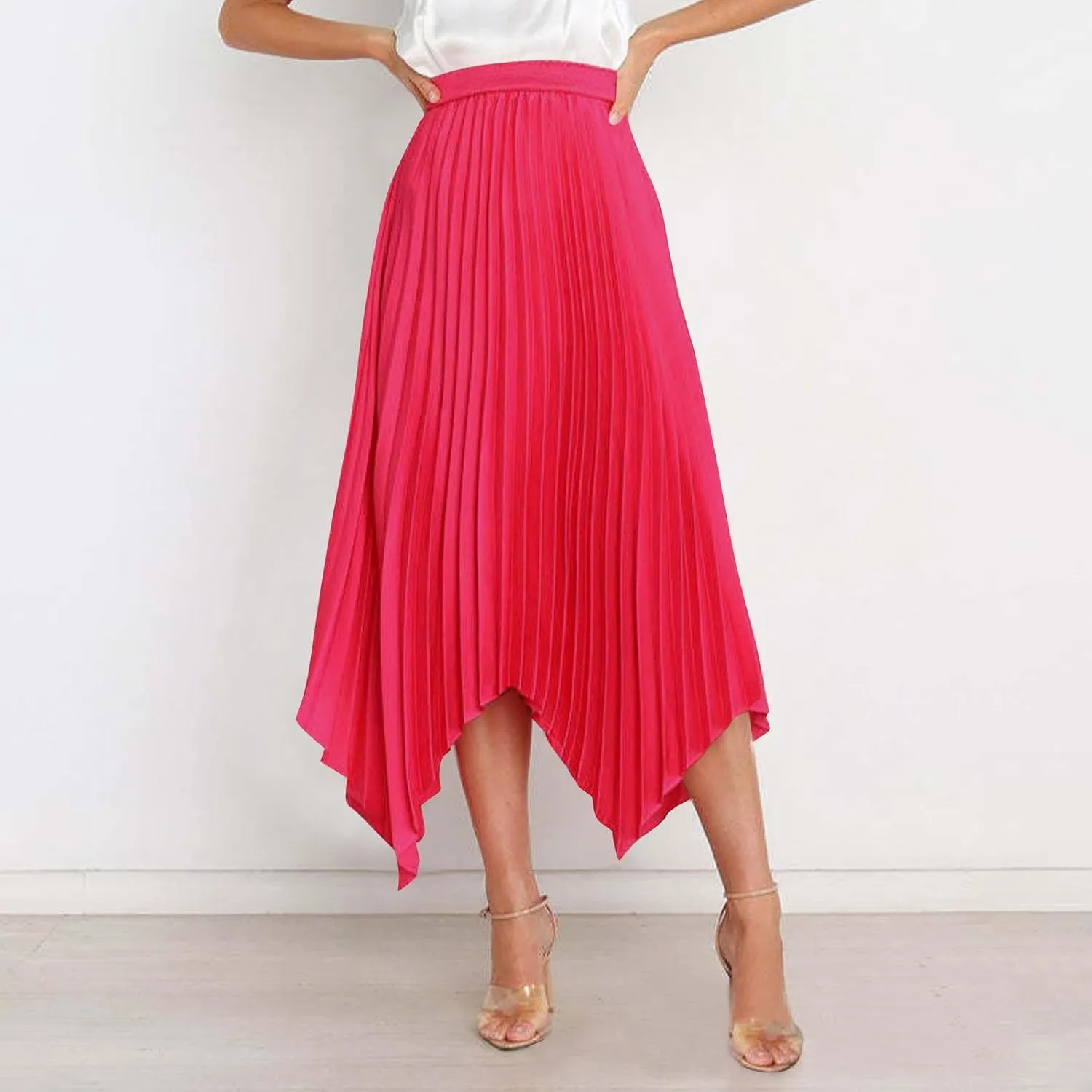 Boho Skirts for Women Casual Soft High Waisted Asymmetrical Maxi Skirt Womens Summer Long Pleated Skirt Midi Length