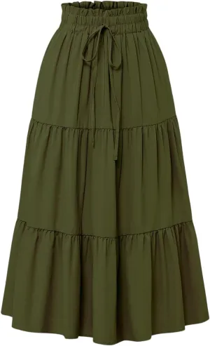 Boho Skirts for Women Elastic High Waist Pleated Ruffle Long Beach Skirt Cute Vacation Holiday Skirts